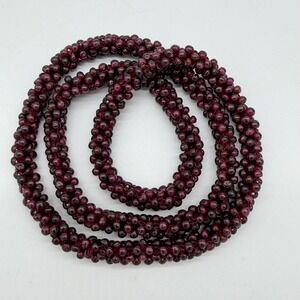 Vintage Garnet Style Seed Bead Woven Necklace Long Cranberry Glass Beaded